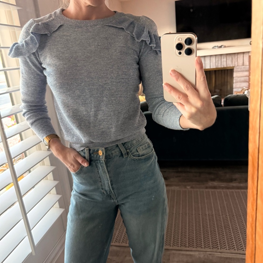 Topshop PETITE Blue Long Sleeve Ruffle Top
